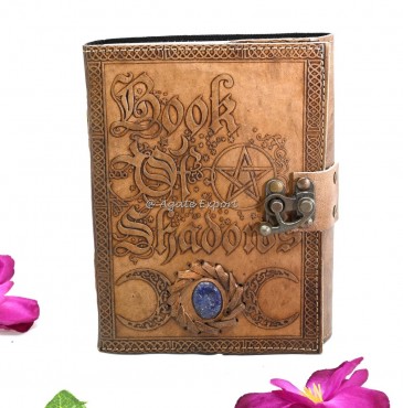 Leather `Book of Shadows` Journal with Lapis Lazuli and Flower of Life Design